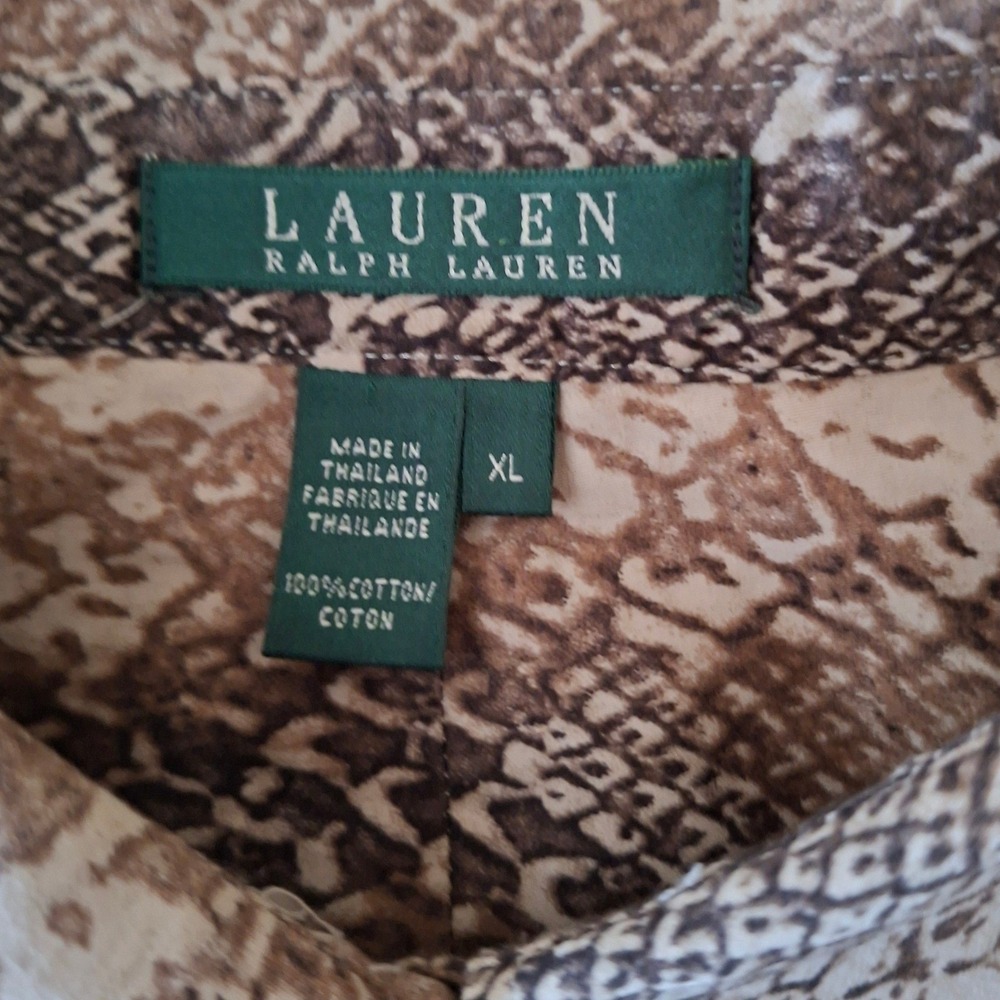 Lauren Ralph Lauren Snakeskin Button Down Shirt Womens XL Brown Cotton Excellent